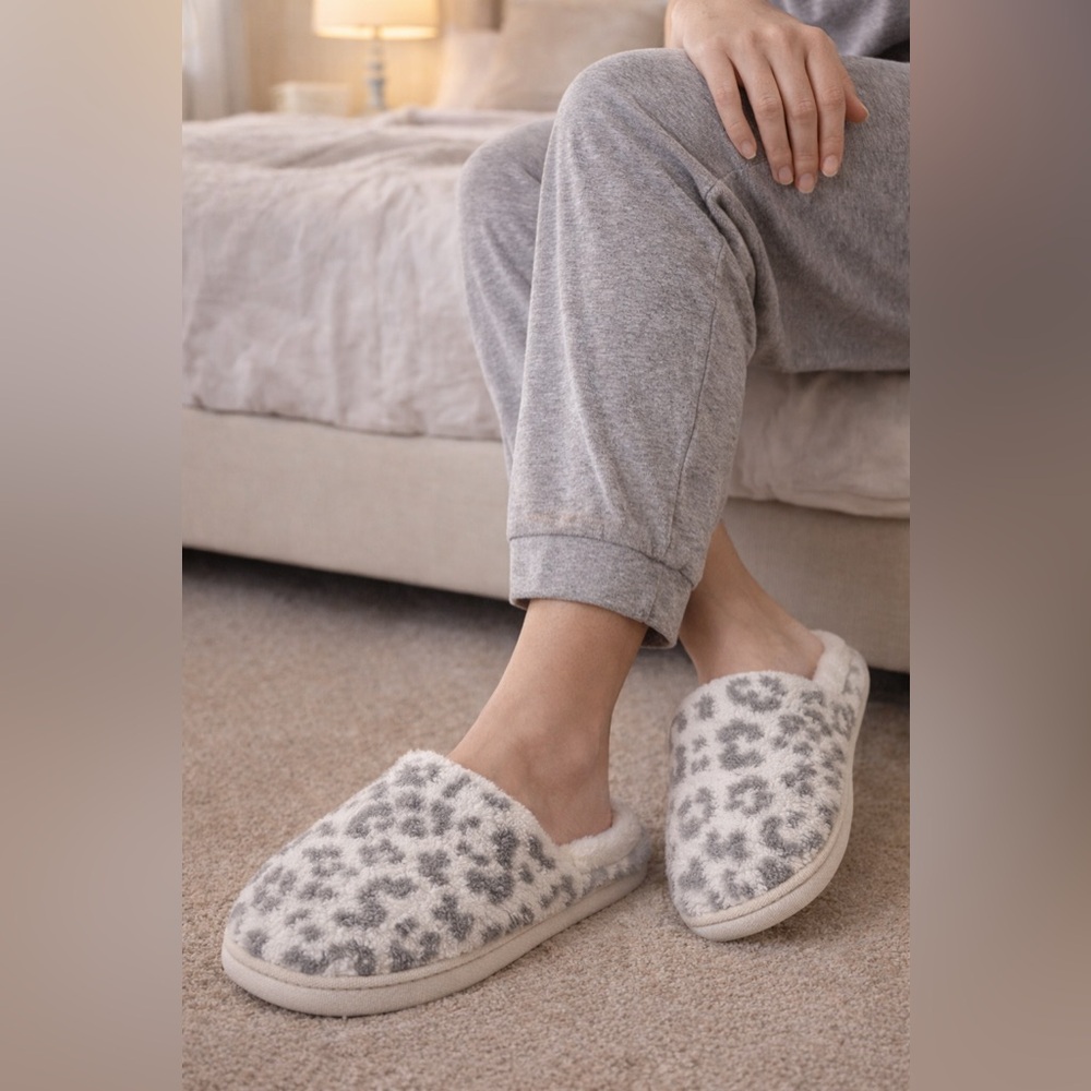 NWT NIP Mirmaru Leopard Print Plush Slippers Cream Gray Size M/L (8–10)